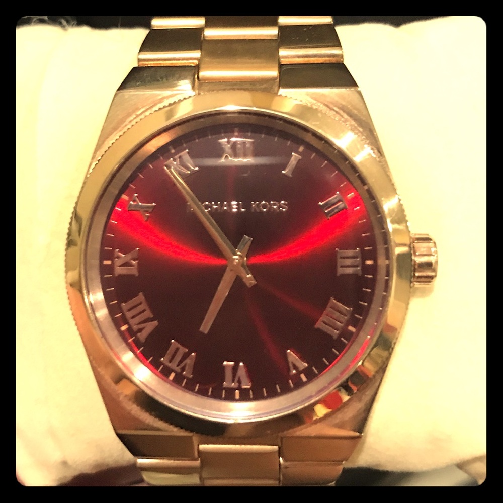 Michael Kors rose gold watch with red face